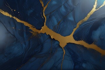 Abstract blue marble texture with gold splashes, blue luxury background Generative AI - obrazy, fototapety, plakaty