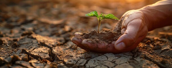 A hand holding dry soil with a dead plant