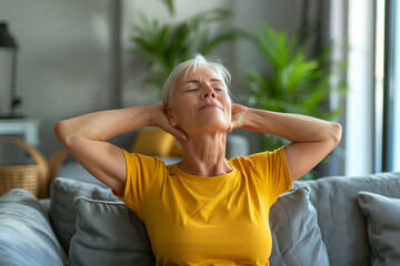 Picture of a middle-aged woman in a yellow t-shirt doing neck stretches at home - obrazy, fototapety, plakaty