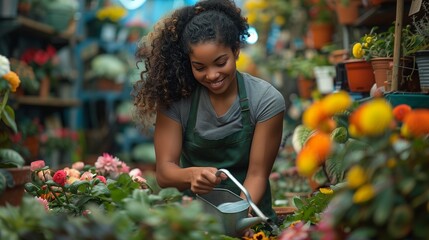 Positive young African American woman in green apron tends to potted greenery at flower shop