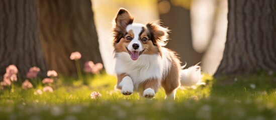 A carnivore dog breed companion is running through a grassy field. This terrestrial animal, a toy dog, is enjoying the freedom of being a working dog