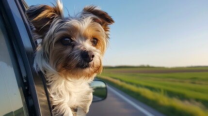 Adorable Dog Enjoys Car Ride, Feeling the Breeze. Pet Traveling Concept. Happy Moments. Small Dog Exploring. Canine Adventure. Sunset Journey. AI