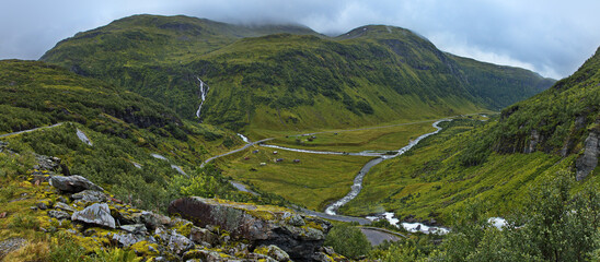 Landscape at Myrkdalen viewpoint at the road Myrkdalsvegen in Norway, Europe
