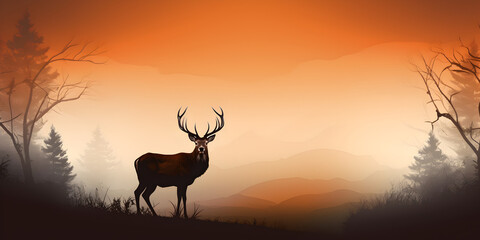 Red Deer Stag silhouette in orange dawn light in woods .Deer, Deer stags, Red deer