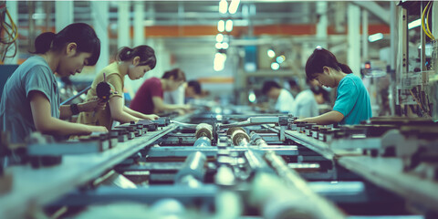 Workers attentively operating machinery on a factory floor. - obrazy, fototapety, plakaty