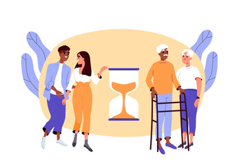 People with aging process. Man and woman near hourglass. Couple in love in youth and in elder. Grandfather and grandmother. Cartoon flat vector illustration isolated on white background