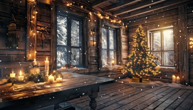 A large wall frame mockup in an old rustic cabin, candles and christmas tree on the table