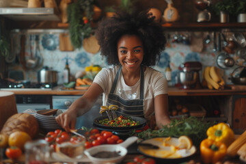 photo of a happy African American woman cooking in her kitchen, she is wearing an apron and standing behind a counter with various ingredients on it such as vegetables, fruits, meat, eggs, mushrooms, 