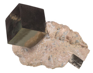Cubic pyrite iron stone rock isolated on white background. Mineralogy stones gem concept.
