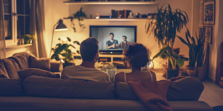 Couple sitting on the couch watching television in a warm living room.