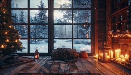 A large wall frame mockup in an old rustic cabin, large windows with a snowy landscape outside, candles on the table, a christmas tree and lanterns on one side of room - Powered by Adobe