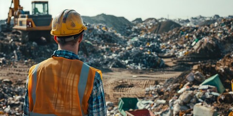 Supervising Engineer at Recycling Operations in Landfill Site. Concept Waste Management, Recycling Processes, Landfill Operations, Environmental Compliance, Engineering Solutions - obrazy, fototapety, plakaty