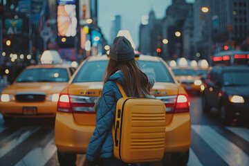 a woman with a yellow suitcase on city street with a yellow taxi