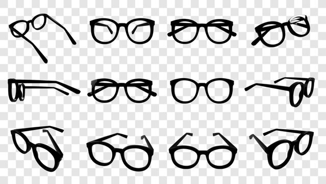 3D Vector Horn-Rimmed Black Glasses / Different Angle View / Isolated On Transparent Background