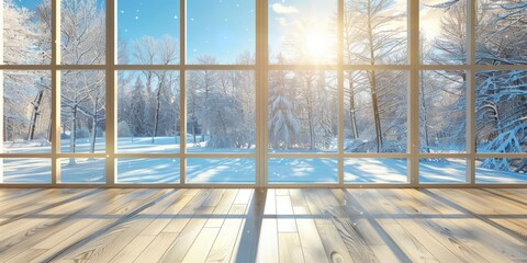 A large window with an open view of snow-covered trees and a clear sky, creating a serene winter landscape