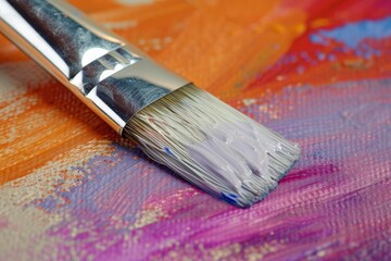 Fototapeta premium Colorful array of paintbrushes and paints on an artist's palette, vibrant and dynamic composition.