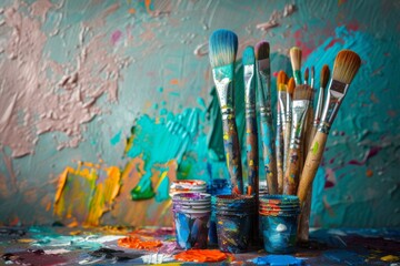 Colorful array of paintbrushes and paints on an artist's palette, vibrant and dynamic composition.