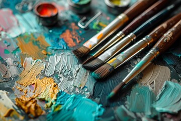 Fototapeta premium Colorful array of paintbrushes and paints on an artist's palette, vibrant and dynamic composition.