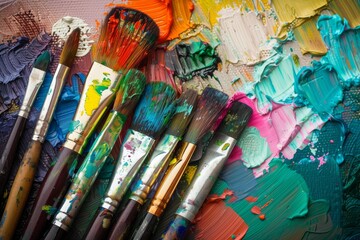 Fototapeta premium Colorful array of paintbrushes and paints on an artist's palette, vibrant and dynamic composition.