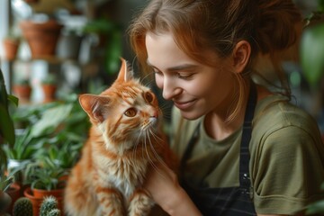 Successful businesswoman in green t-shirt, black apron caresses red cat, working with confidence and beauty - obrazy, fototapety, plakaty