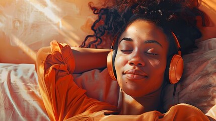 Young Woman Relaxing in Bed with Headphones, Enjoying Music, Cozy and Content Atmosphere Captured in Warm Tones. AI - obrazy, fototapety, plakaty
