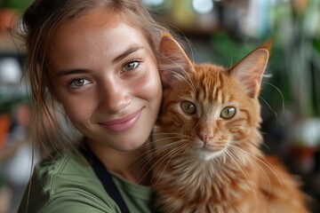 Successful businesswoman in green t-shirt, black apron caresses red cat, working with confidence and beauty - obrazy, fototapety, plakaty