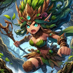 Mystical Warrior Amidst Enchanted Creatures in a Magical Forest Battle