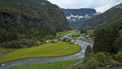 View of Flam from the train from Flam to Myrdal in Norway, Europe
