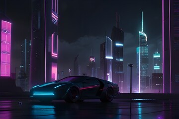 Spectacular nighttime in cyberpunk city of the futuristic fantasy world features skyscrapers,...