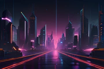 Rolgordijnen Spectacular nighttime in cyberpunk city of the futuristic fantasy world features skyscrapers, flying cars, and neon lights. Digital art 3D illustration. Generative AI © Nadir