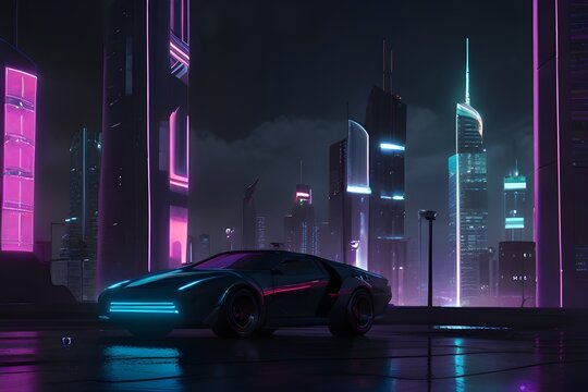 Spectacular nighttime in cyberpunk city of the futuristic fantasy world features skyscrapers, flying cars, and neon lights. Digital art 3D illustration. Generative AI