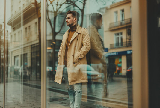 Stylish man in a trench coat reflecting on a city street.