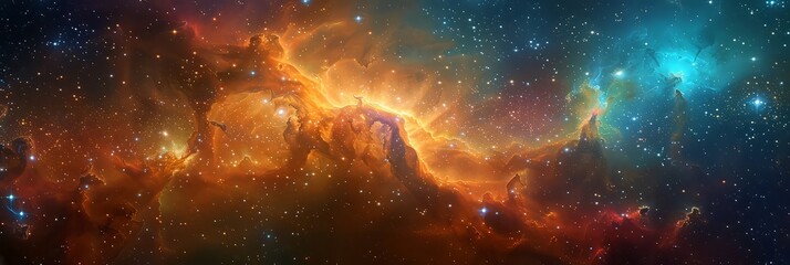 Space Galaxy Star Cluster Panoramic Background With Colorful Cosmic Clouds and Sparkling Stars - obrazy, fototapety, plakaty