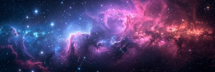 A breathtaking space background depicting a cosmic nebula in vibrant hues of blue and purple, with swirling clouds of stardust and distant galaxies, digital art illustration - obrazy, fototapety, plakaty