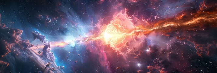Digital Illustration the galactic collision scene with dynamic compositions and vibrant colors, capturing the raw energy and beauty of the cosmic event