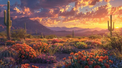 A desert landscape just after a rare rain, where cacti and wildflowers burst into life, their vibrant colors a stark contrast to the sandy hues. - obrazy, fototapety, plakaty