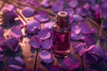A serene scene of a single bottle of lavender essential oil amidst scattered rose petals, creating a peaceful and calming atmosphere.