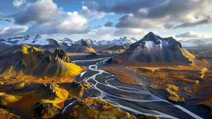 Aerial Serenity: Icelandic Mountains and Rivers Unveiled - obrazy, fototapety, plakaty