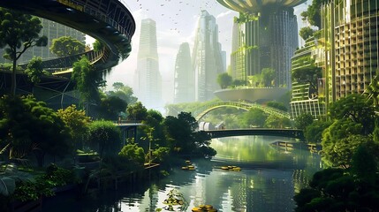 EcoMetropolis: Where Nature Meets Skyscrapers - obrazy, fototapety, plakaty