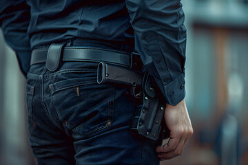 Close-up of a concealed carry firearm on a person's hip