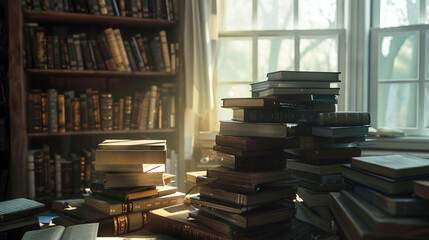 A bit pile of vintage old books on table library room near window lighting - obrazy, fototapety, plakaty