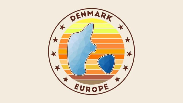 Denmark intro video. Badge with the circular name and map of the country in low poly tech geometric style. Vibrant country round logo animation.