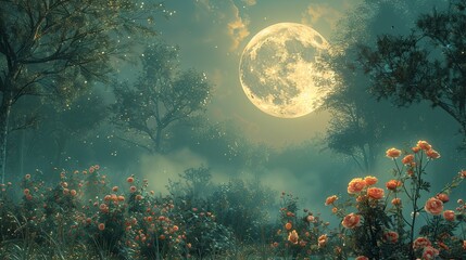 A moonlit garden, where night-blooming flowers open under the glow of the full moon. - obrazy, fototapety, plakaty