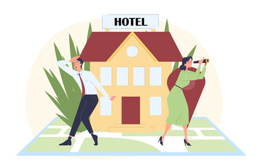 Booking hotel concept. Man and woman with telescope near building. Mobile application for travelers and tourists. Holiday and vacation. Cartoon flat vector illustration isolated on white background