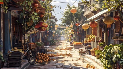Fruitful Glow: A Sunlit Street in Hanoi