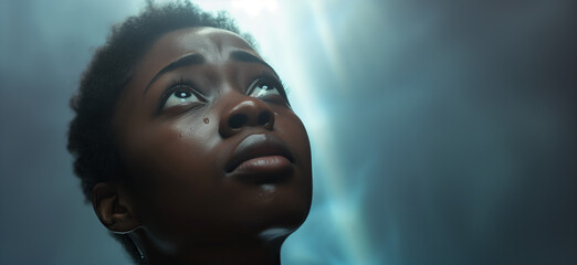 Young black woman looking up praying to God with tears in eyes, being touched by His Grace. Christian and faith concept.