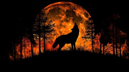 A silhouette of a wolf howling at the moon, with a forest