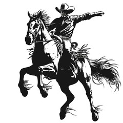 cowboy riding a bucking rodeo horse illustration on a white background	
