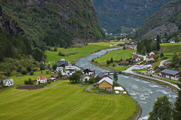 View of Flam from the train from Flam to Myrdal in Norway, Europe
