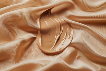 A close-up view of a liquid foundation swatch being tested on a beige fabric to demonstrate...
